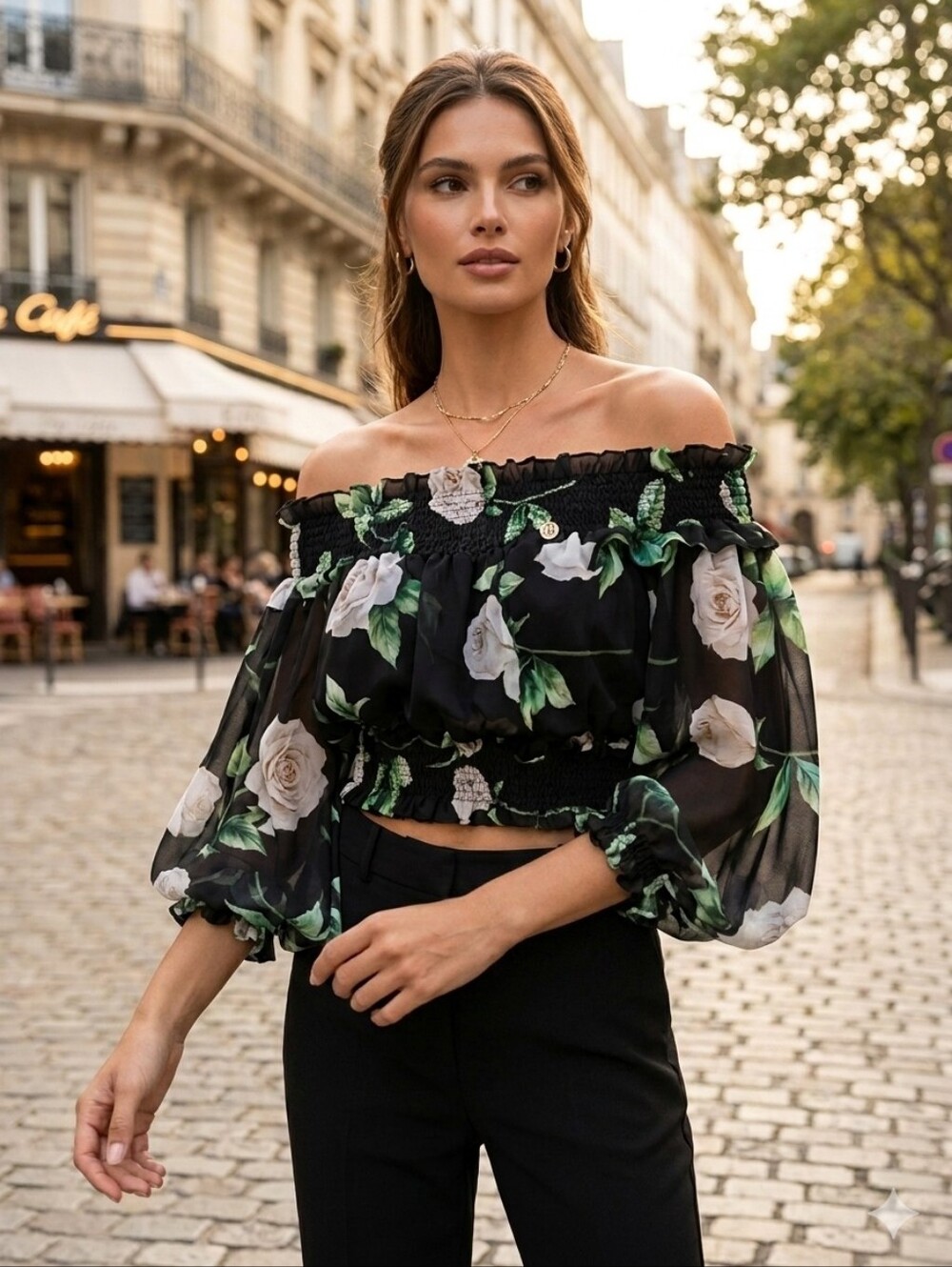 EUROPEAN BRAND Black Floral Off-Shoulder Smocked Top